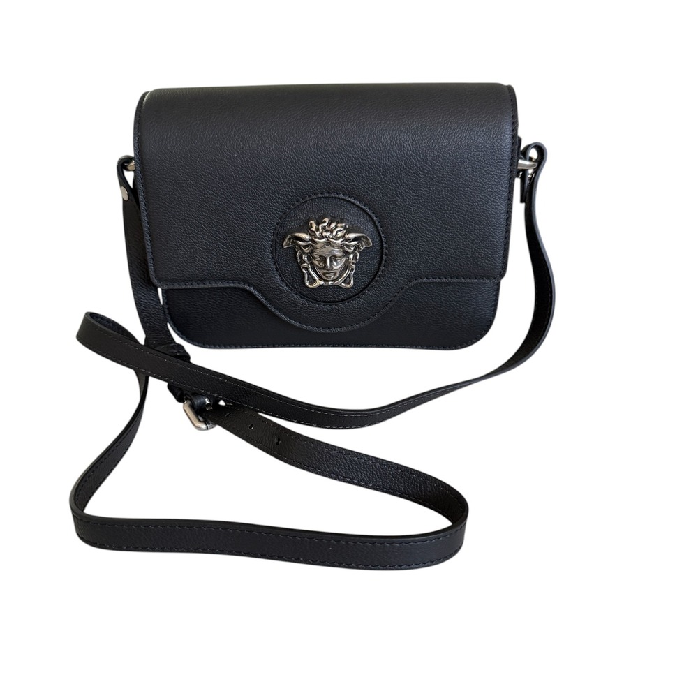 Versace 1008100 La Medusa Shoulder‎ Bag Black Grained Leather Crossbody